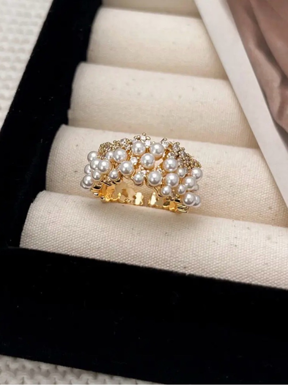 Gold Pearl Cluster Adjustable Ring